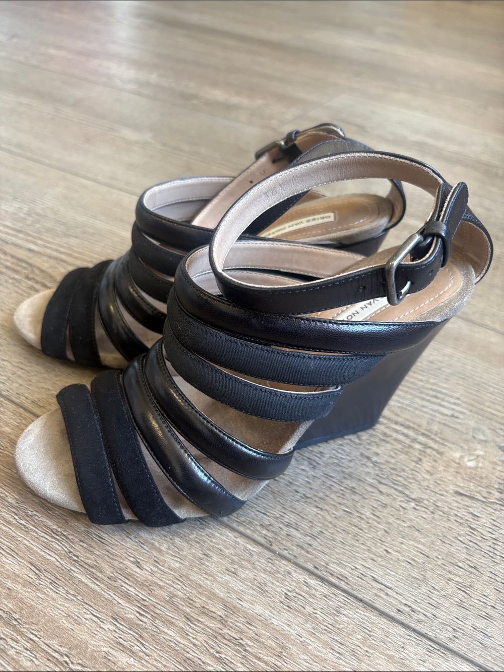 Dries Van Noten Black Cage Strappy Leather Wedge Chunky High Heel Sandals EUR 36
